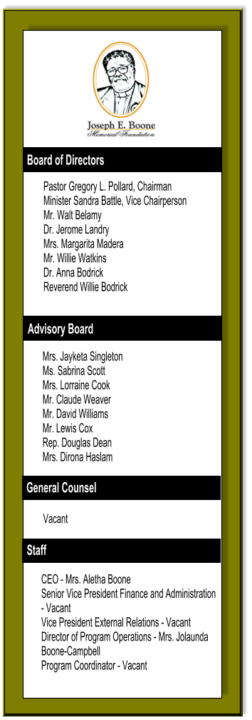 Pastor Gregory L. Pollard, Chairman Minister Sandra Battle, Vice Chairperson Mr. Walt Belamy Dr. Jerome Landry Mrs. Margarita Madera Mr. Willie Watkins Dr. Anna Bodrick Reverend Willie Bodrick   Mrs. Jayketa Singleton Ms. Sabrina Scott Mrs. Lorraine Cook Mr. Claude Weaver Mr. David Williams Mr. Lewis Cox Rep. Douglas Dean Mrs. Dirona Haslam Vacant CEO - Mrs. Aletha Boone Senior Vice President Finance and Administration - Vacant Vice President External Relations - Vacant Director of Program Operations - Mrs. Jolaunda Boone-Campbell Program Coordinator - Vacant Board of Directors Advisory Board General Counsel Staff